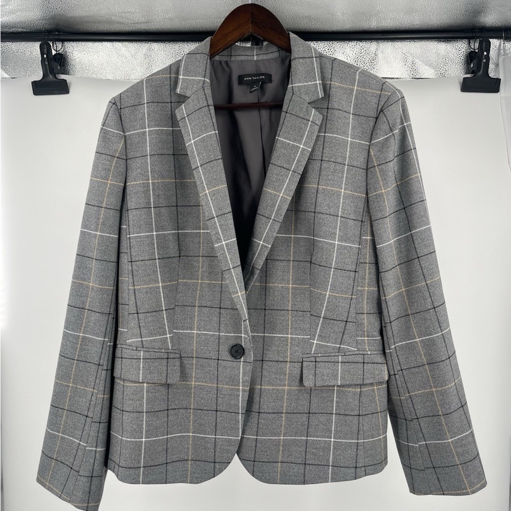 Ann Taylor Gray Windowpane Single-Button Suit Jacket